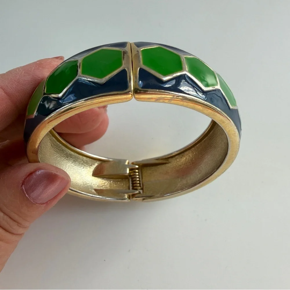 Enamel Green and Blue Hexagon Bangle Bracelet Statement‎ Spring Hinge Seahawks